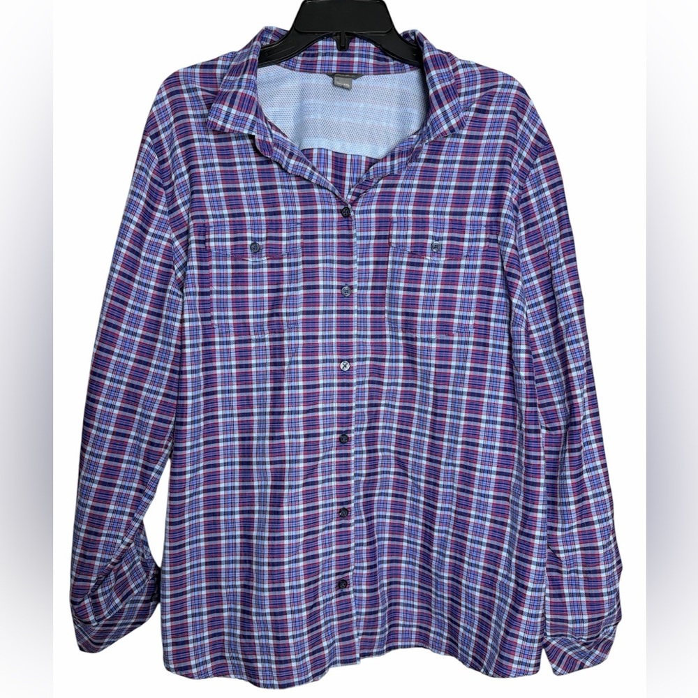 Eddie Bauer Women Button Down Pink Purple Plaid Outdoor Roll Tab Hiking Top 2XL